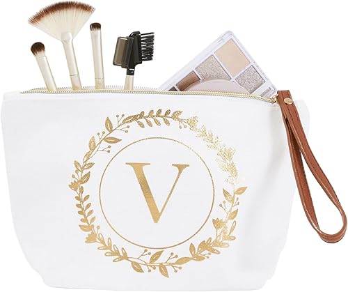Miniatura 7 de Bolsa de maquillaje personalizada con inicial dorada para mujer, bolsa de cosméticos de lona con monograma, color blanco, Blanco, Dorado, V