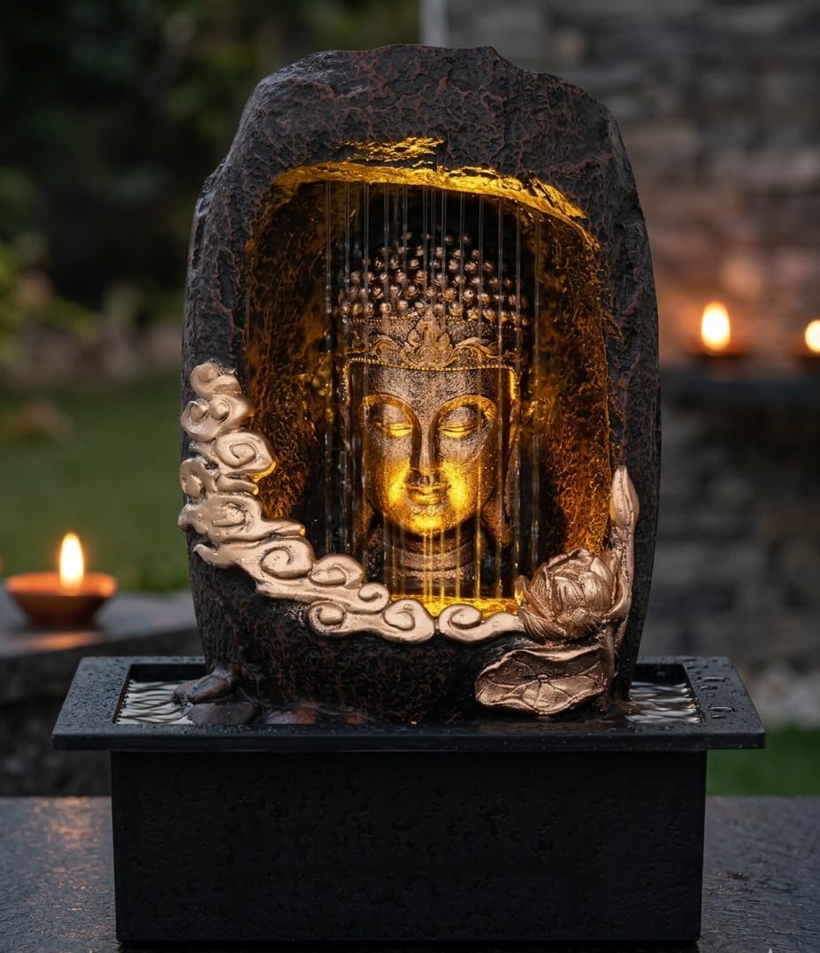 Ani Divine Premium Polyresin Buddha Sitting Fountain Gold Brown Cave Design Indoor LED Waterfall with Flow Speed Controller Pump - 15 Inch-image-2