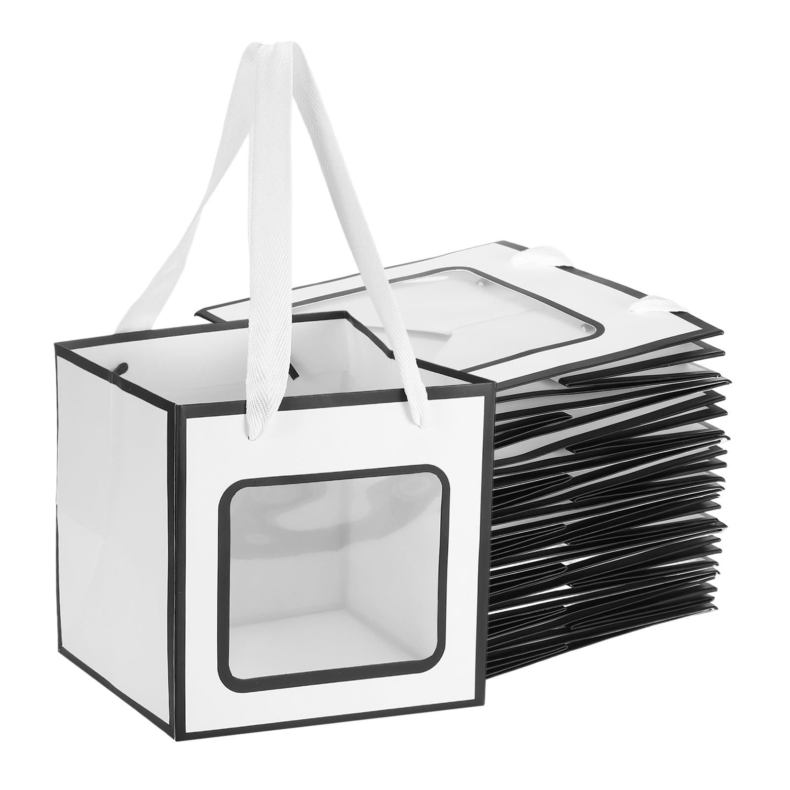 PATIKIL Gift Bags with Clear Window, (15cm x 15cm x 15cm, White-Black)(12 Pcs), Gift Wrap Bags with Handles, Suit for Wedding/Birthday/Bridesmaid/Party/Shopping — image 1