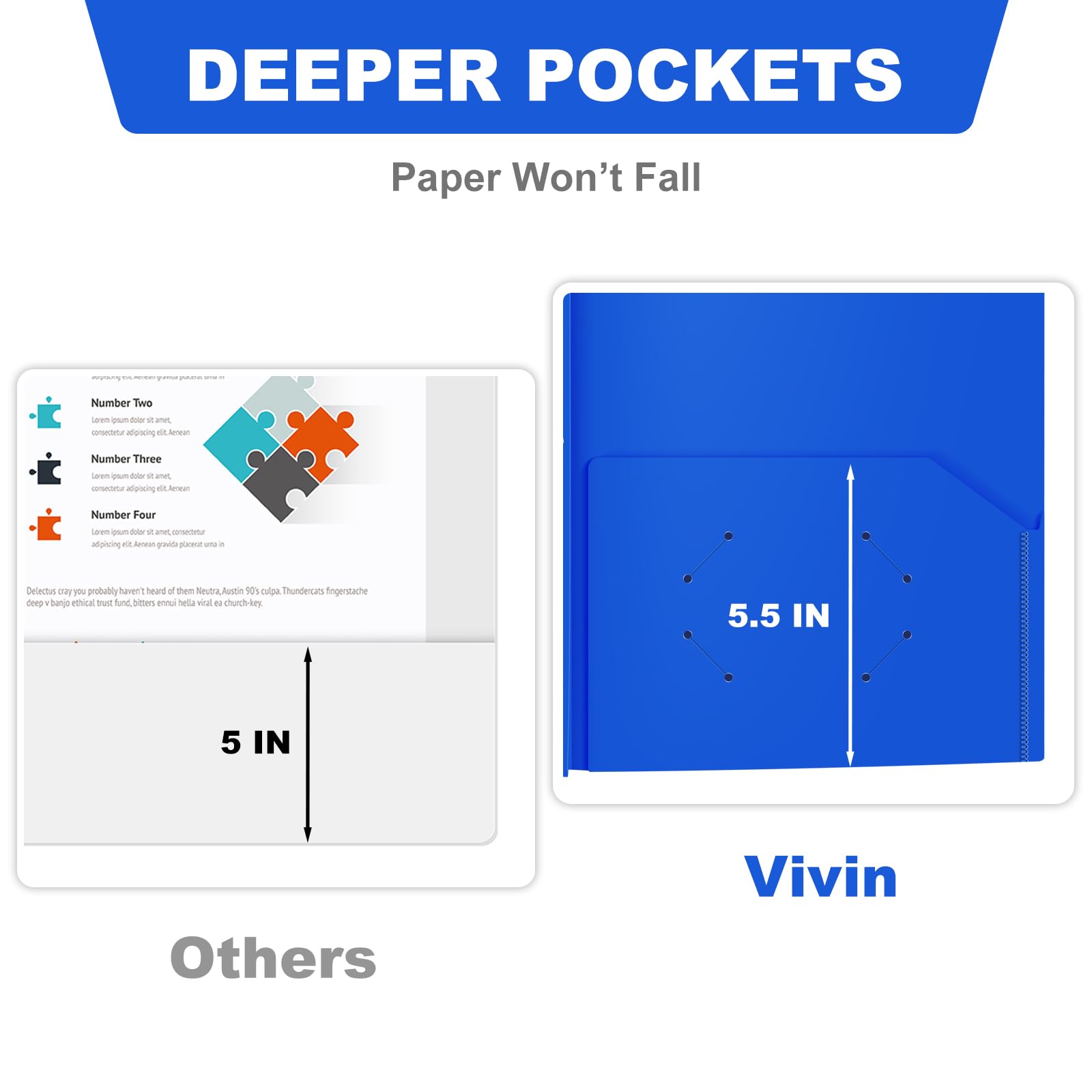 Robuste Kunststoff-Ordner, 60 Stück, Taschenordner mit Heftklammern, Briefform, Poly-Ordner mit 3 Zinkenverschlüssen, Blau