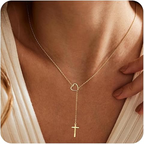 Cross Necklace for Women, Dainty 14K Gold Plated Cross Pendant Simple Long Necklace...