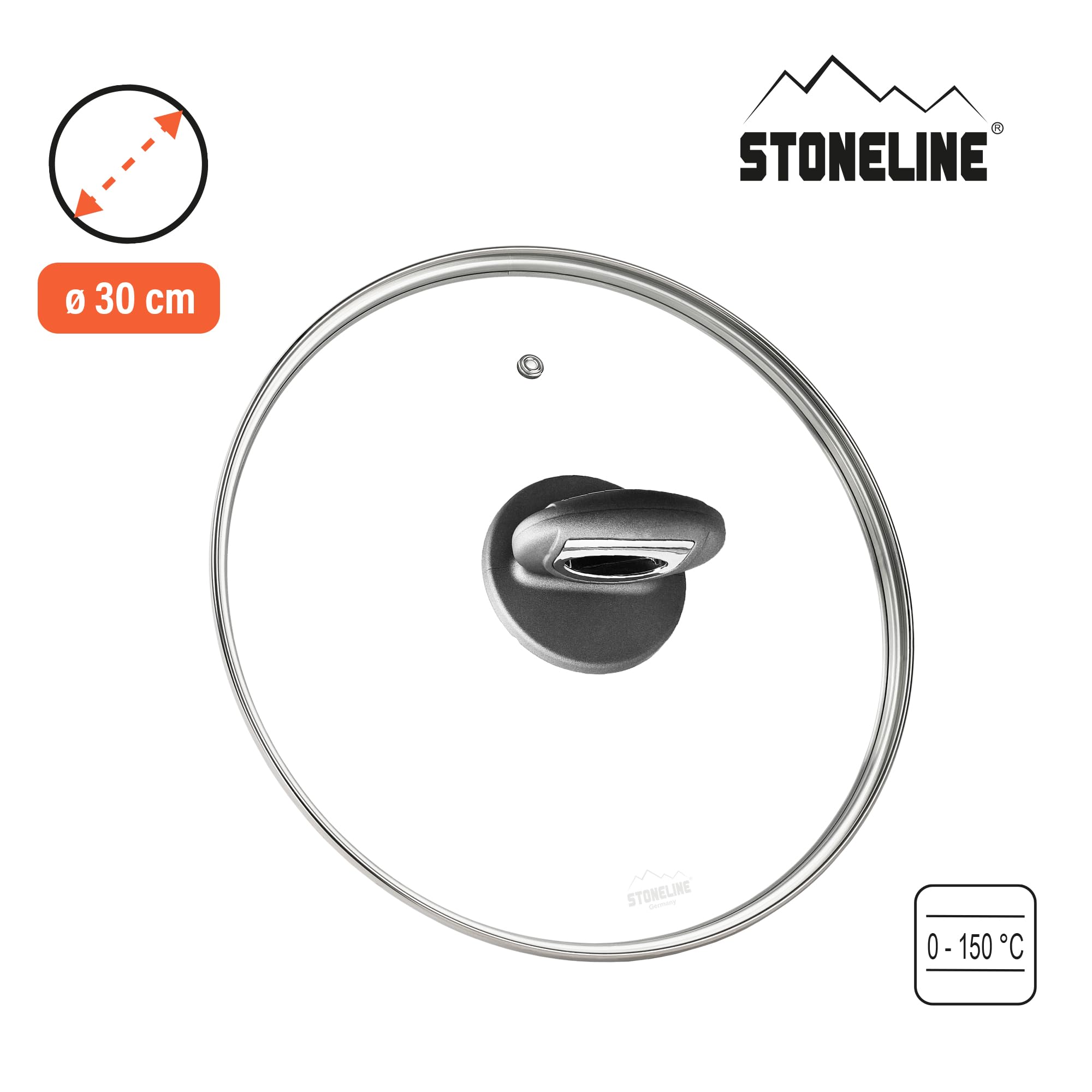 STONELINE GOURMUNDO Tapa para Cacerola Olla Sartén 30 cm Tapa de Cristal con Borde de Acero Inoxidable, Tapa Redonda con Válvula de Salida, Tapa Universal Recambio Tapadera Accesorio Cocina