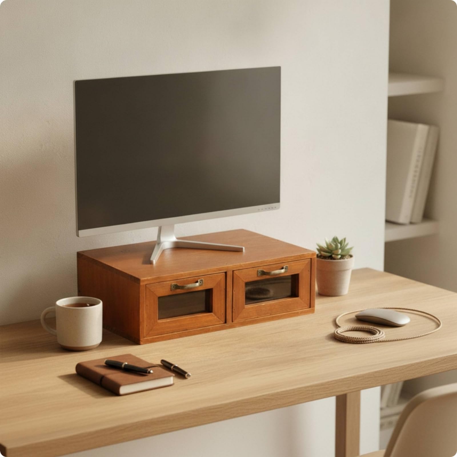 predolo Organizzatore da Scrivania con Cassetti in Legno Organizer da Scrivania con Cassetto Stile Retrò Rialzo per Ufficio, Studio , Due Cassetti Con Finestra E Divisorio Superiore