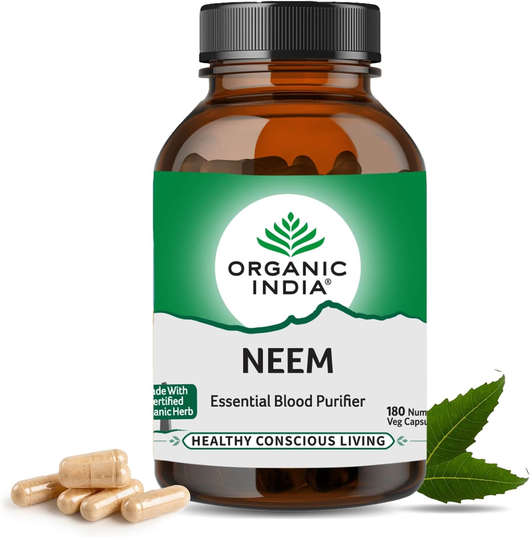 A TATA Product - Organic India Neem Blood Purifier - 180 Veg Capsules, Natural Blood Purifier, Plant-Based Anti-Bacterial, Anti-Viral, With Immunity Boosting Properties, GMP & NPOP Certified Organic