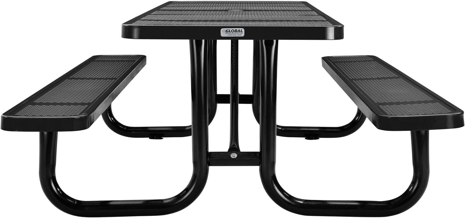Global Industrial 8’L Rectangular Picnic Table, Perforated Metal, Black Thermoplastic Coating, Attached Benches, 1-1/2” Umbrella Pole Hole, Outdoor-Rated