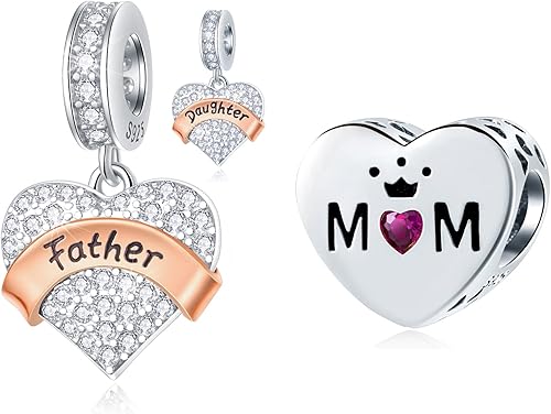 GEMDAZZ Juego de dijes familiares en plata de ley 925, regalo para mamá y papá, Oro rosa Plata esterlina Piedra Zirconia cúbica, Circonita Cúbica