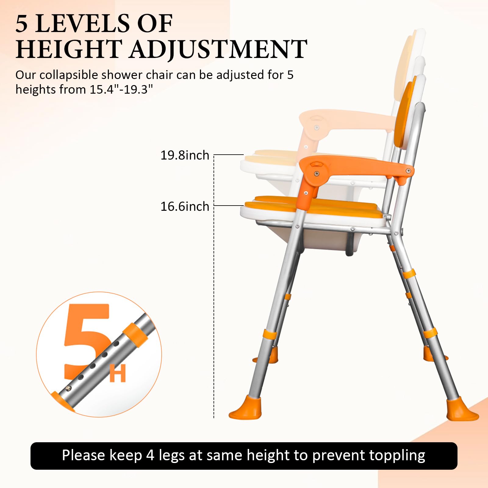 Silla de Ducha Plegable, Silla de Ducha Asiento de Ducha Resistente con Reposabrazos y Respaldo, Asiento de Ducha Antideslizante Altura Ajustable, Silla Baño Ancianos Ducha, Carga 180 kg