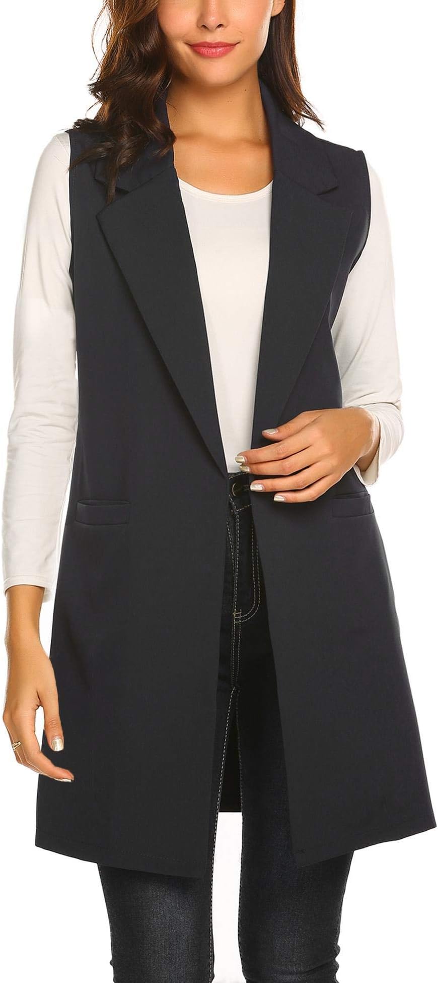 Women's Long Sleeveless Duster Trench Vest Casual Lapel Blazer Jacket