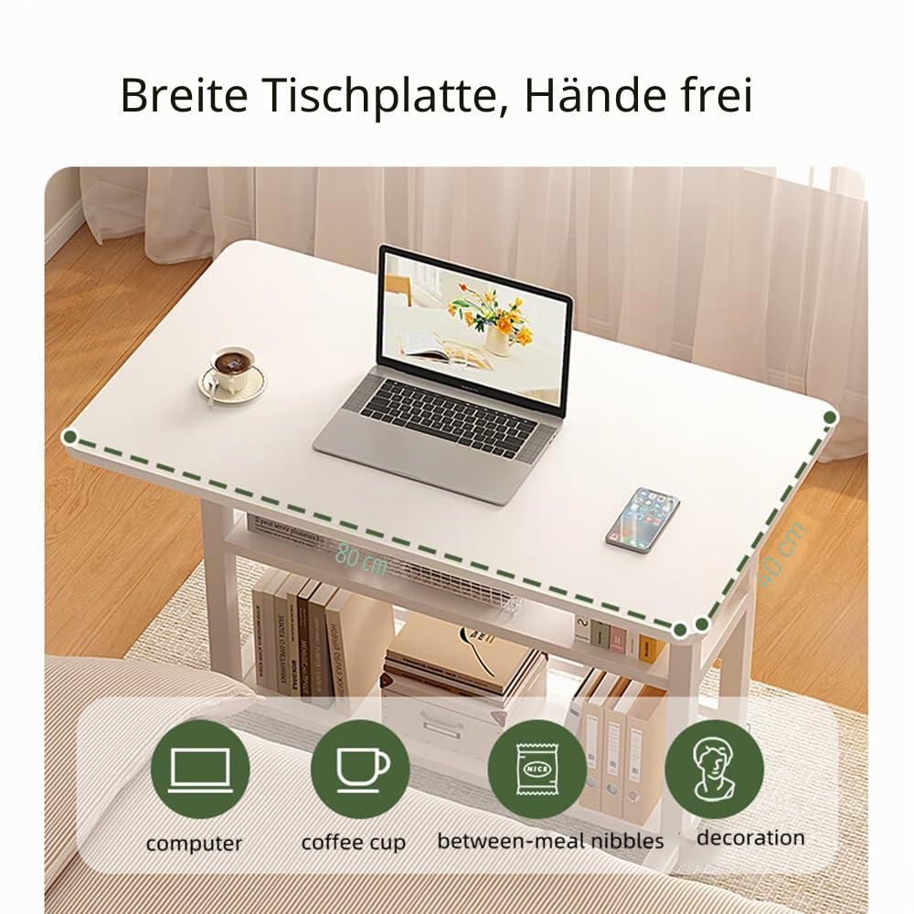Computer-Schreibtisch, mobil, tragbarer Büroschreibtisch mit beweglichen Rädern, höhenverstellbarer Schreibtisch, Büro-Schreibtisch für Studenten und Arbeiter, 80x40x60–90 cm (weiß)