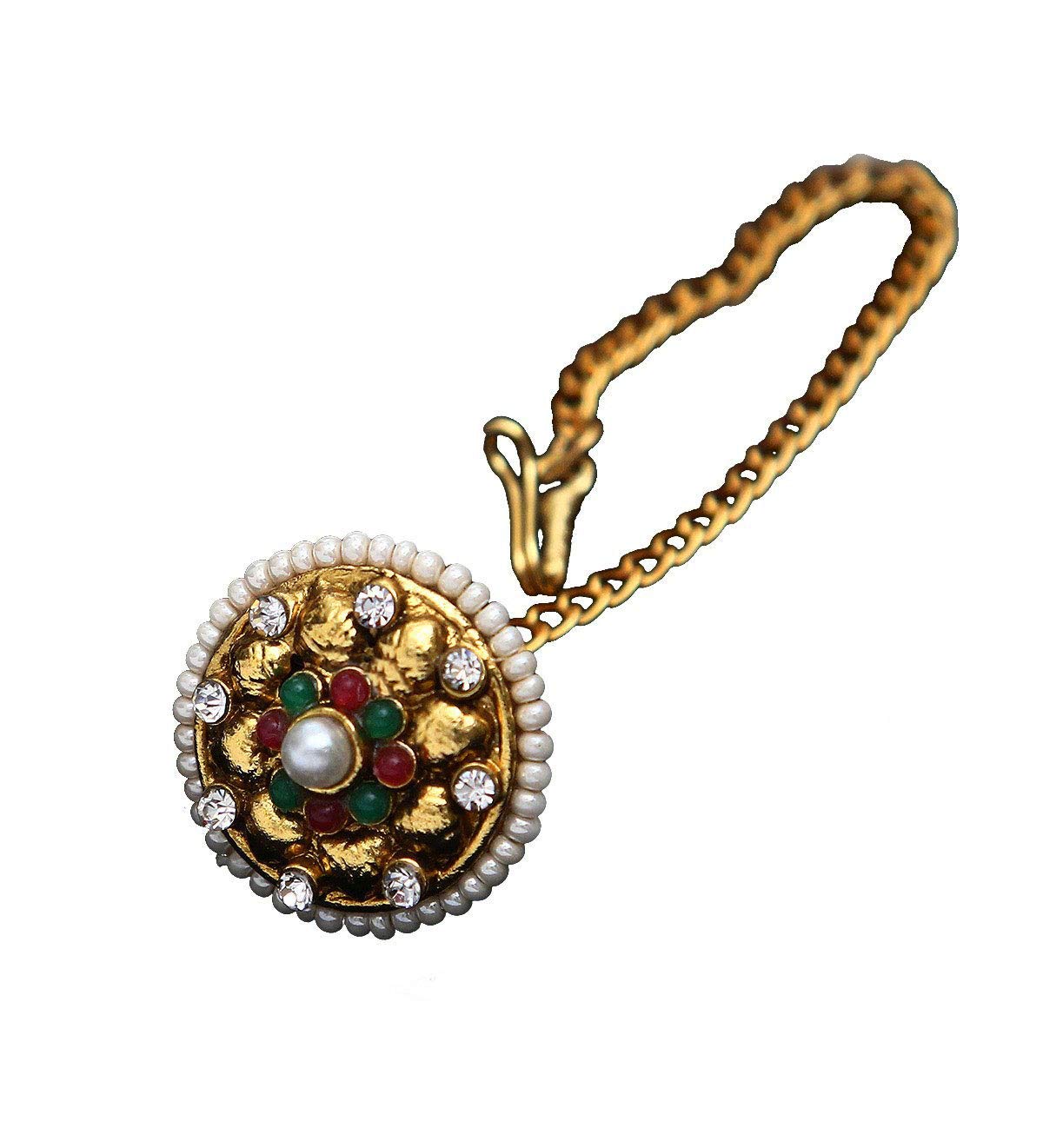 GemsOnClickRajasthani Traditional Borla Maang Tikka Gold Plated Embellished with Ruby, Emerald, Pearl Latest Rich Designer Rajwadi Bridal Fashion Jewellery for Girls and Women