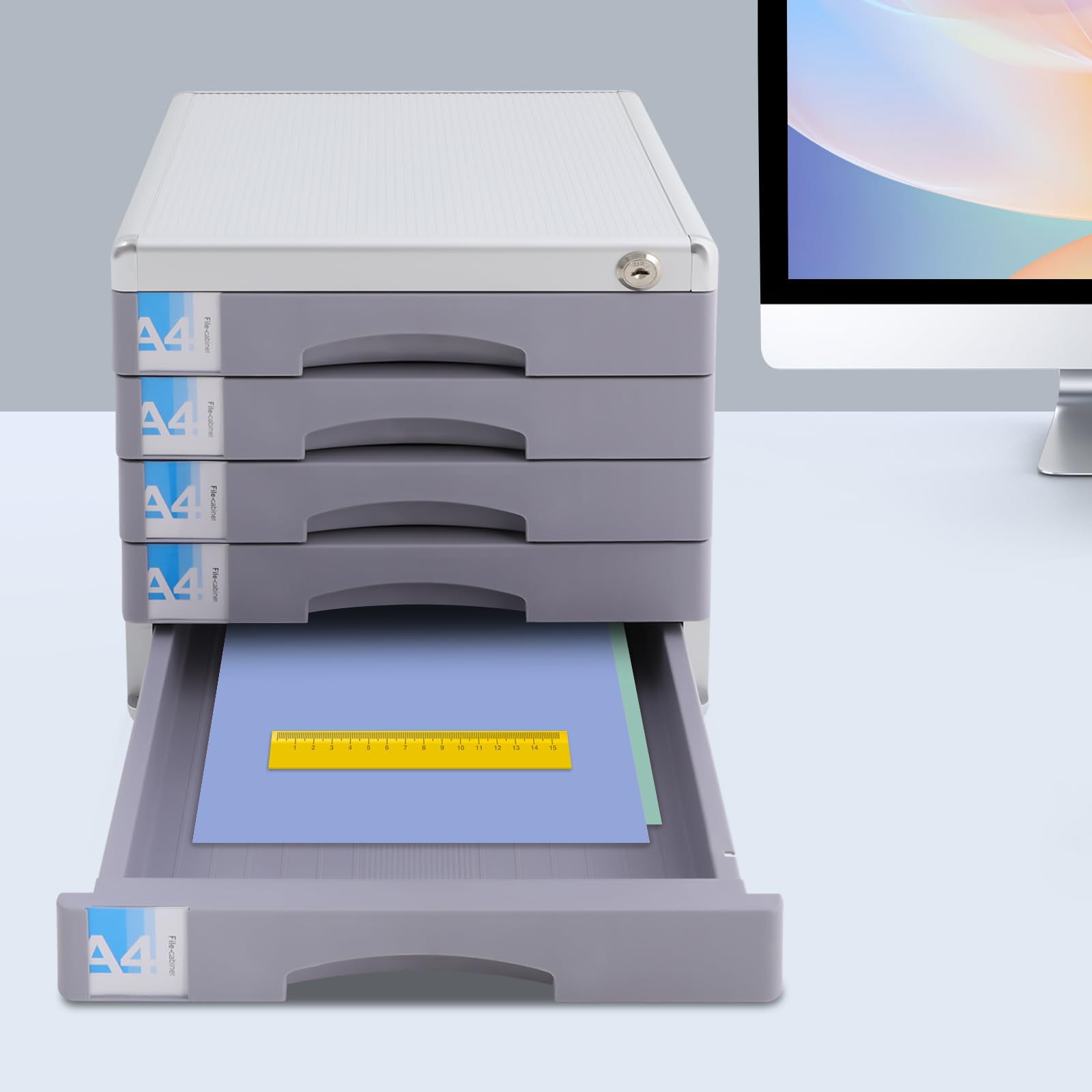 Modulo di archiviazione, organizer da scrivania a 5 livelli bloccabili, scatola con 5 cassetti per documenti A4+, cornice in alluminio, etichette scrivibili, 30 × 36 × 30,5 cm