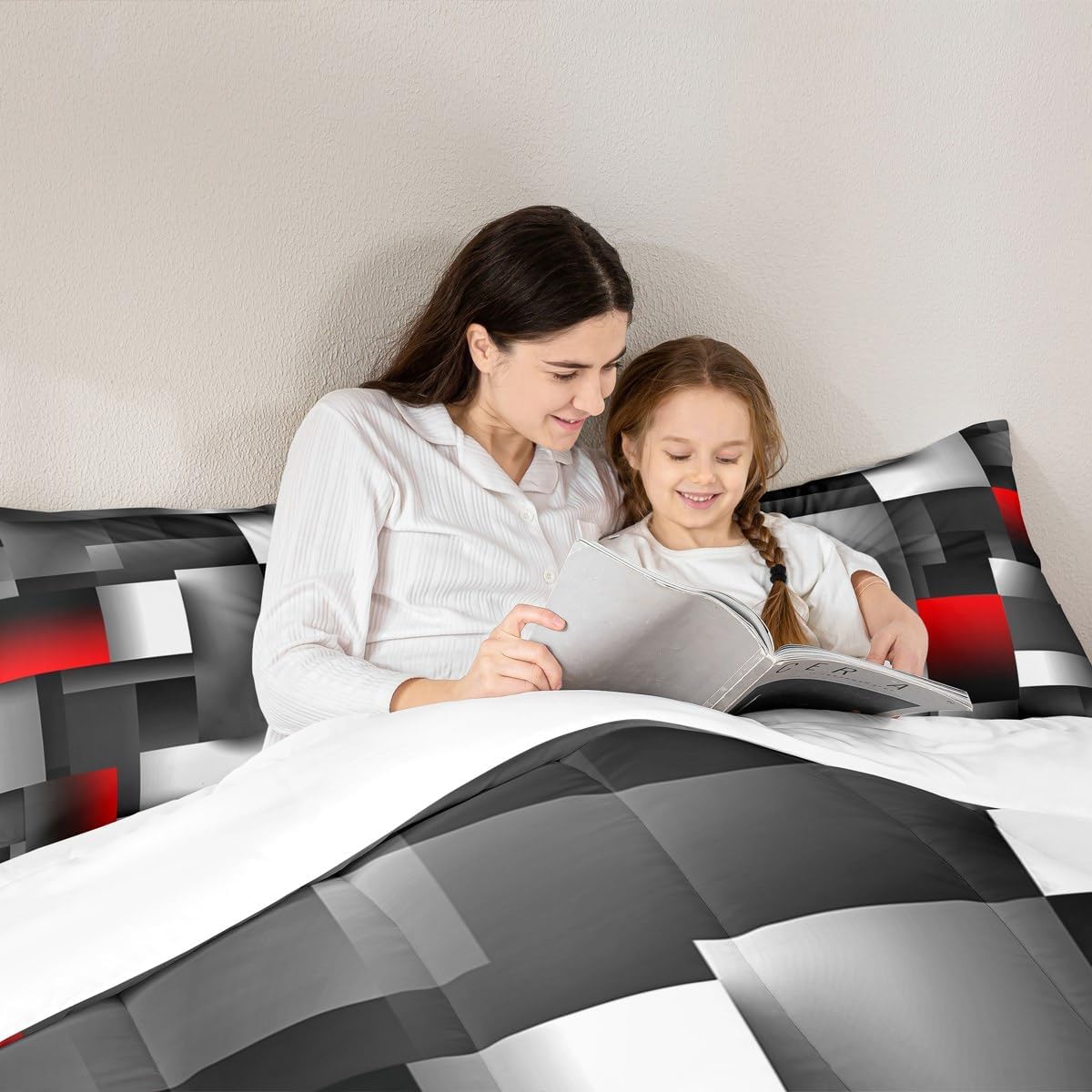 Castle Fairy Red Square Full Size Comforter Set,Gray White Grid Bedding Set for Adults Teens,Children Modern Comforter Luxury Abstract Geometric Quilt Set Room Decor 3Pcs