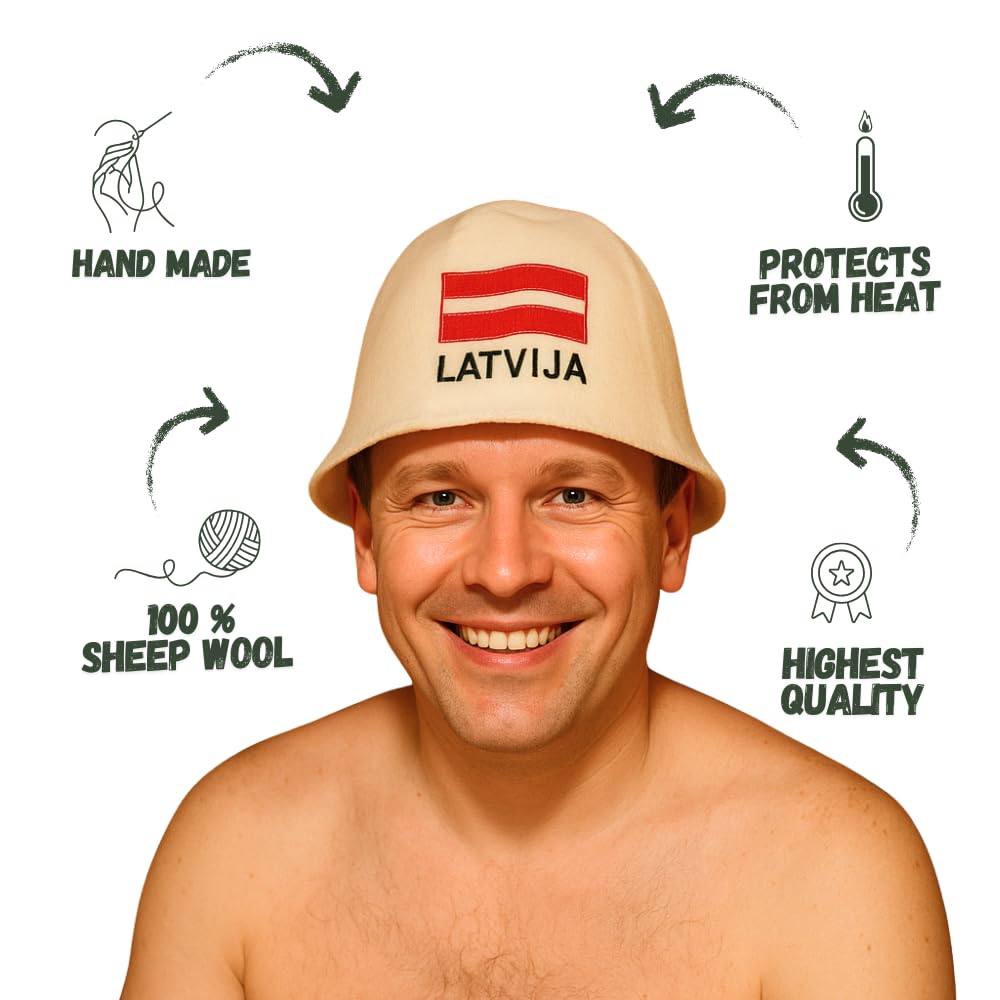 Naturalna czapka do sauny "Łotwa" biała – 100% wełna organiczna filcowa czapka do sauny dla mężczyzn i kobiet do rosyjskiej banii - chroni głowę przed ciepłem - w zestawie e-book przewodnik