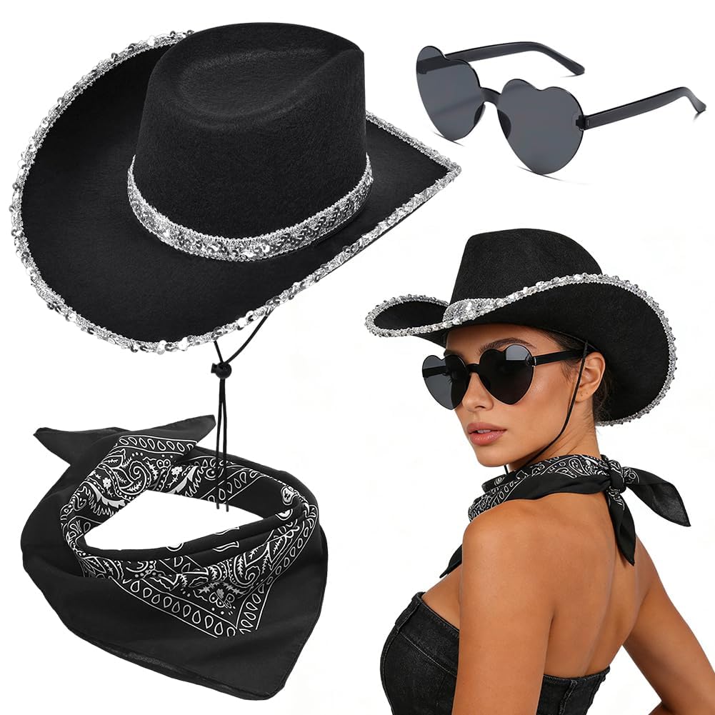 FCXVXCL Cowboy Hat Three Piece Set White Cowboy Sequin Western Hat Paisley Bandana & Heart Sunglasses Cowgirl Costume Accessories for Halloween Bachelorette Party