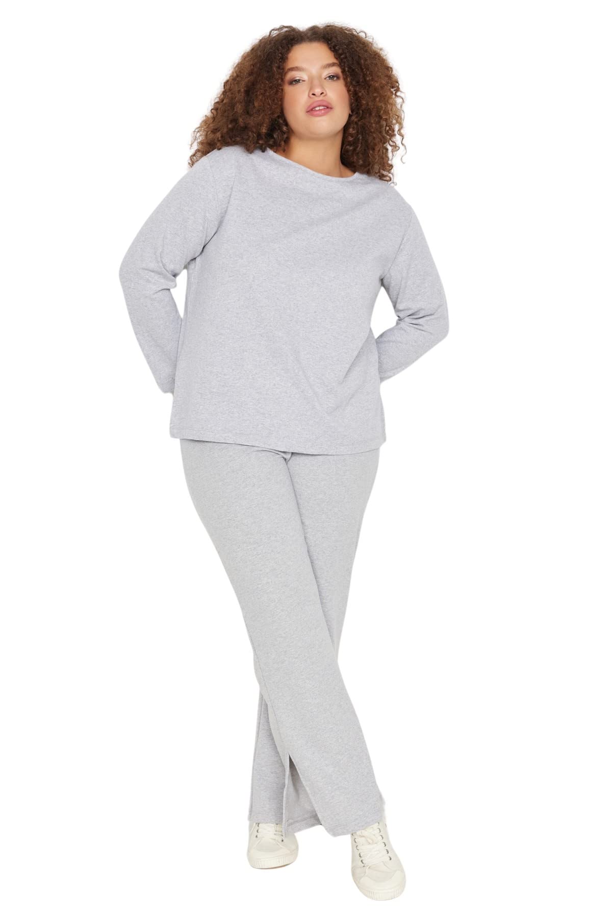 Trendyol FeMan Plain Knit Sweatshirt-Sweatpants Plus Size Pajamas Set Gray
