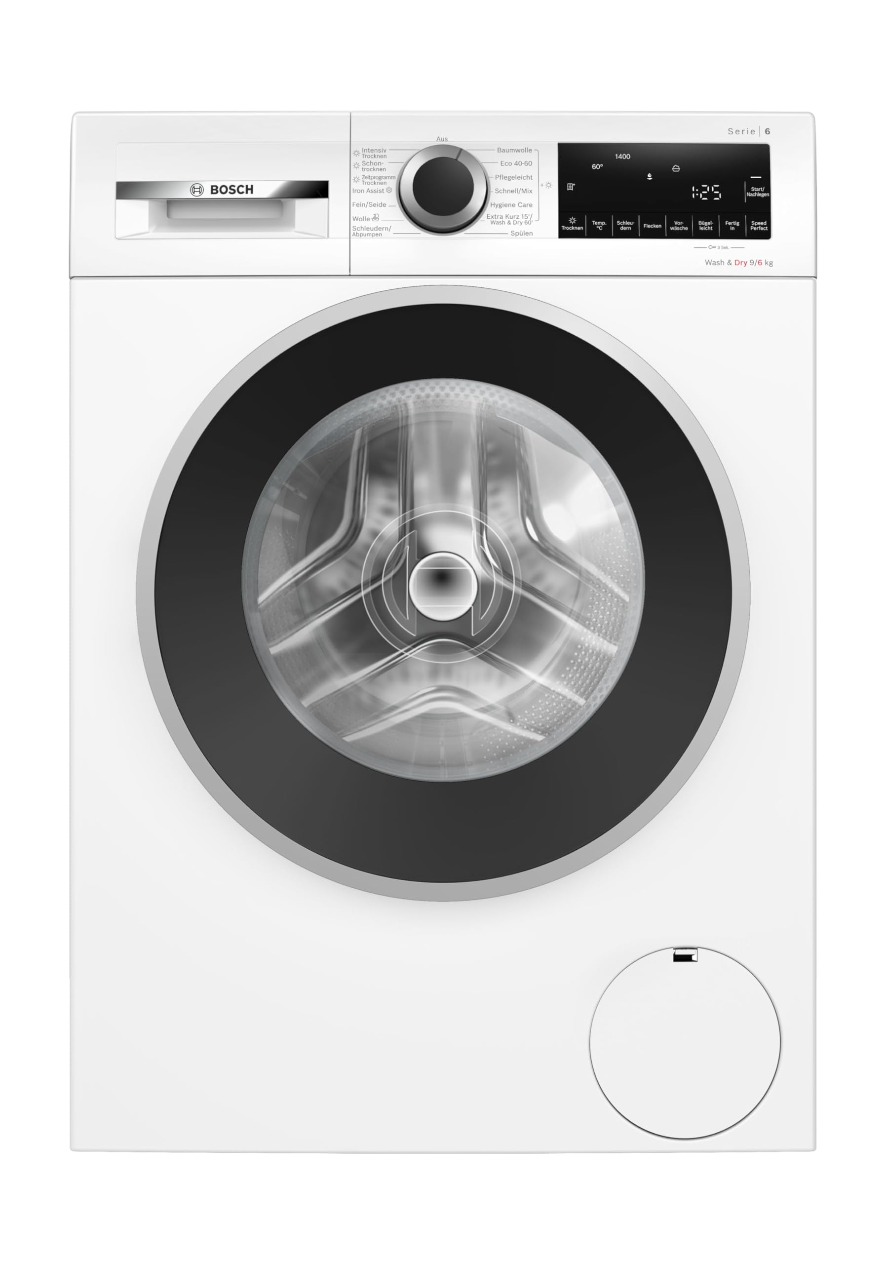 Bosch WNG24442 Waschtrockner Serie 6, 6-9 kg Fassungsvermögen, 1400 UpM, Iron Assist, EcoSilence Drive, AntiVibration Design, Fleckenautomatik, Wash & Dry 60’, Hygienecare, Dampfglättung, Weiß