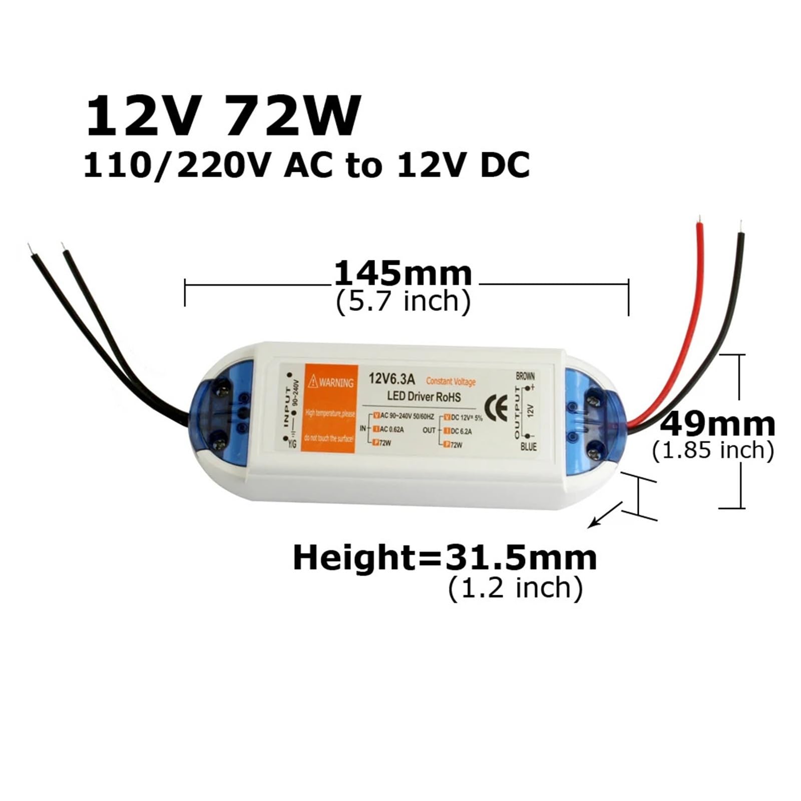 Driver LED 12V AC 110V 220V a alimentatore DC 18W 28W 48W 72W 100W Adattatore 12 Volt Trasformatore for illuminazione a striscia(12V 72W)