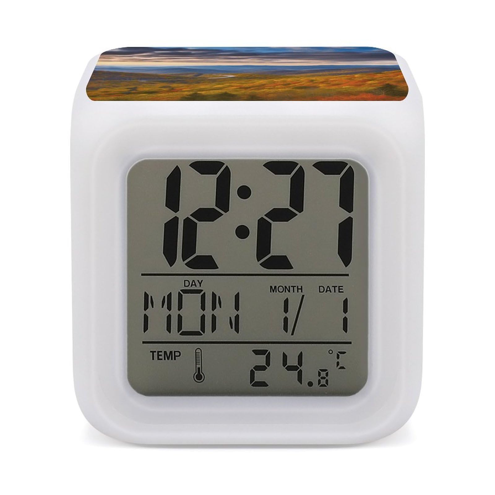 VstaDank Blue Ridge Parkway Mountains Digital Alarm Clock LED Display Screen Color Change Alarms Clock Smart Alarm Clock Wake Up Digital Clocks with 7 Color Nightlight for Bedroom