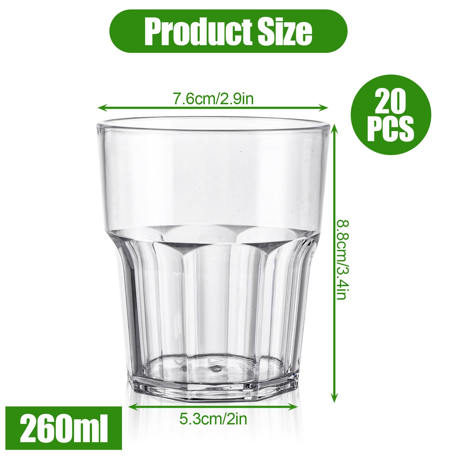 Lot de 20 gobelets réutilisables en plastique acrylique transparent pour fête, pique-nique, dîner de famille et barbecue - 260 ml