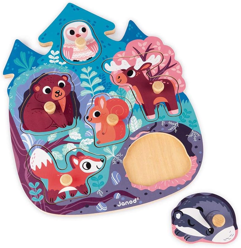 Janod Happy Forest Wood Peg Puzzle - 6 Pieces - Ages 18 Months+ - J07097