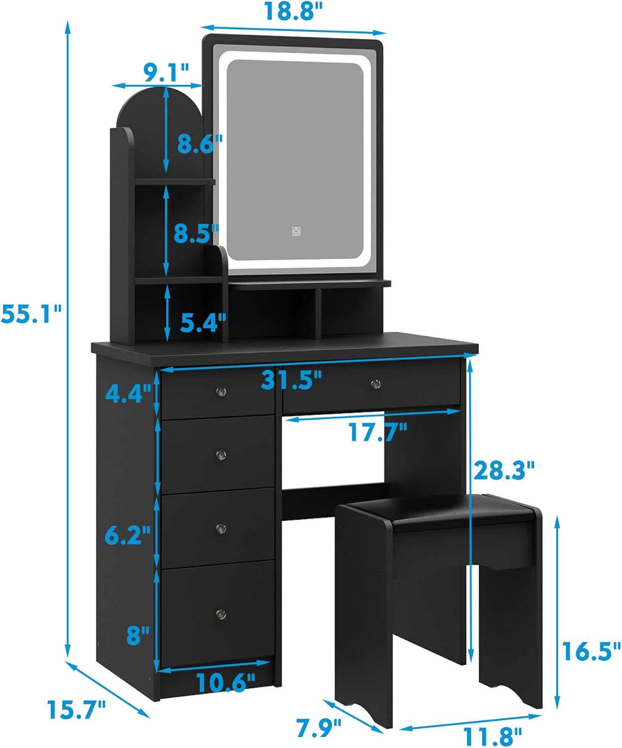 WOODTIME Vanity Set with LED Lighted Mirror, Dressing Table with 5 Drawers & Shelves, Makeup Desk with Cushioned Stool for Bedroom, Black