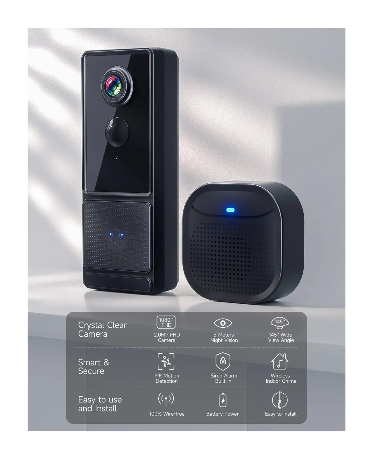 Sonnette vidéo sans Fil Wi-FI for Maison connectée, étanche IP65, interphone Vocal, téléphone Portable, Surveillance à Distance, Alarme, détection de Mouvement PIR Grand Angle