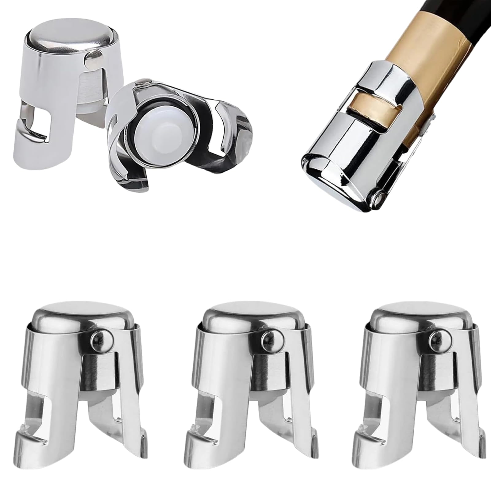 ROVENLIFEGO 3 Pack Champagne Stoppers, Stainless Steel Vacuum Sealed Wine Bottle Stoppers, Reusable Sparkling Wine Saver for Champagne Prosecco Cava with Silicone Seal
