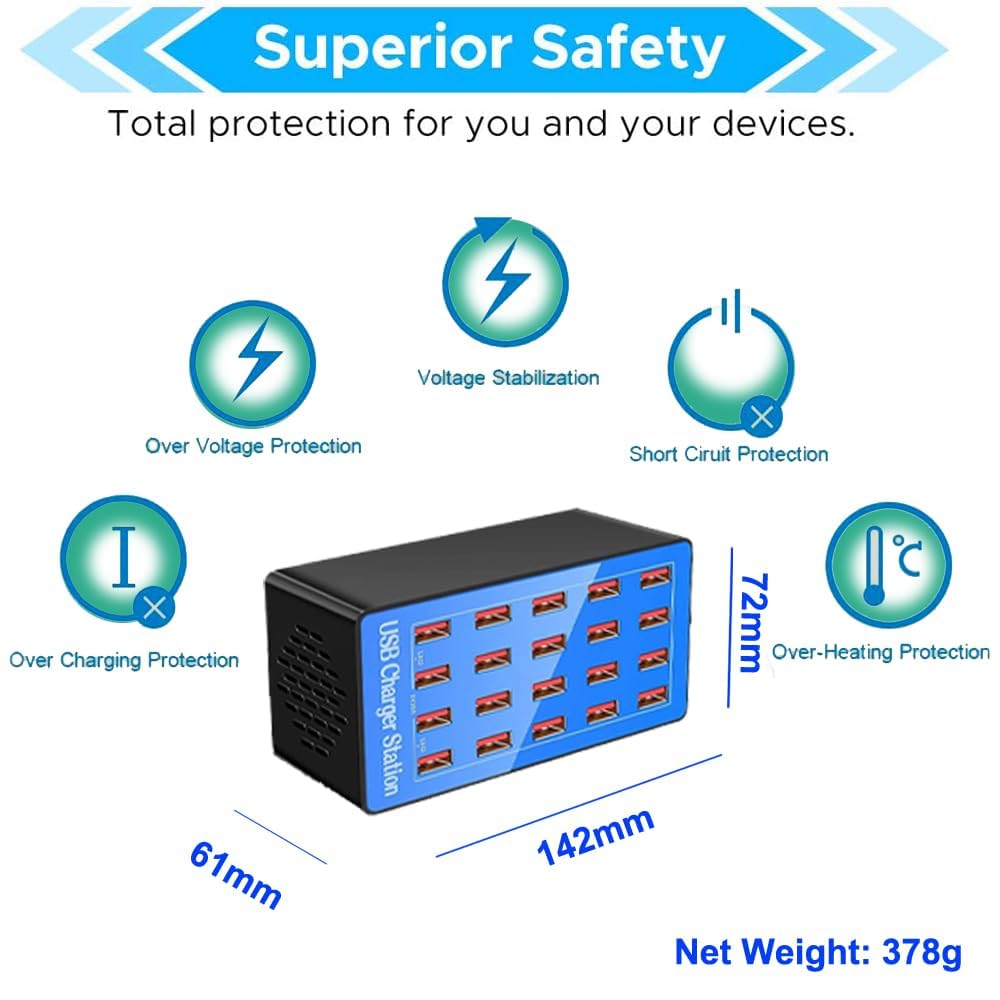 Mvthenxi 100W 20-Port Multi-Device USB Charging Station - Supports simultaneous Charging for Smartphones, Tablets, smartwatches and Other USB-Powered Devices.(20 Port Charger Station-Blue)