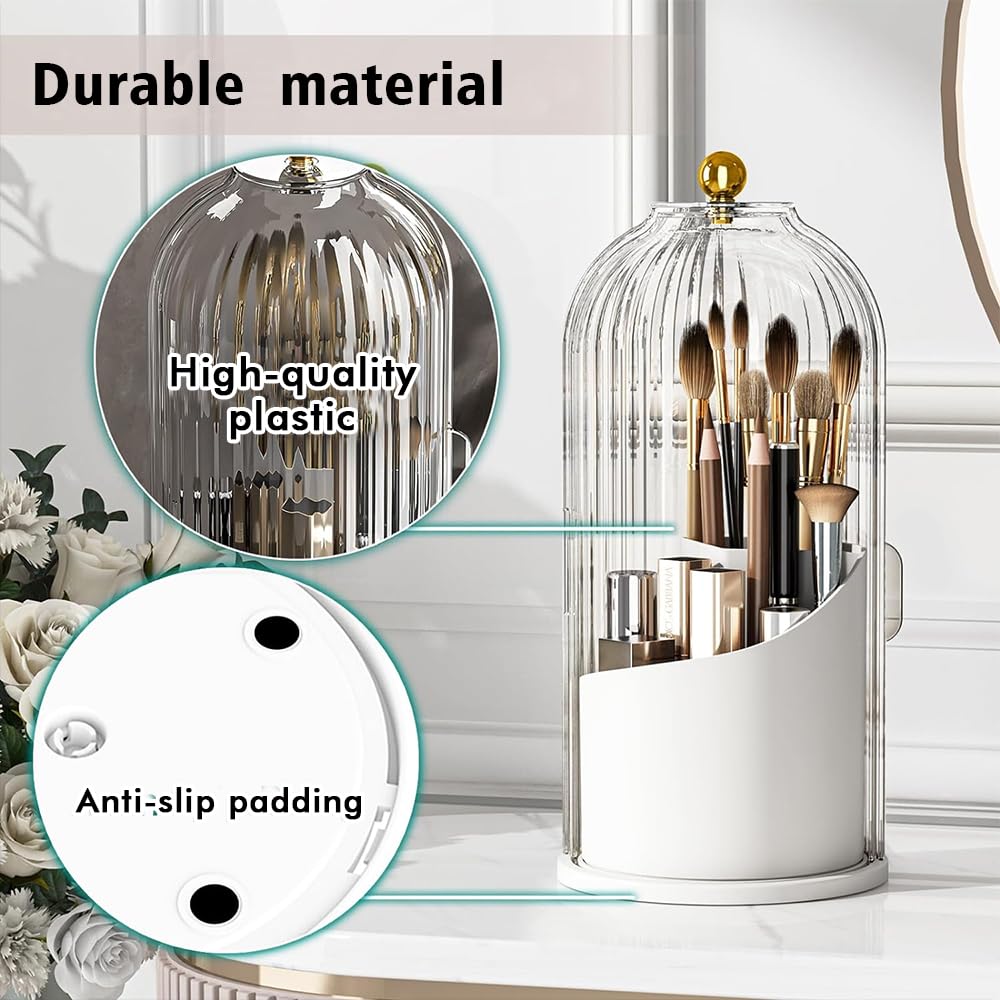 FIVAVA Makeup Brush Holder 360 Rotating Organizer with Clear Lid,Sliding Opening Dustproof Makeup Organiser Storage for Lipstick Lip Gloss - Image 4