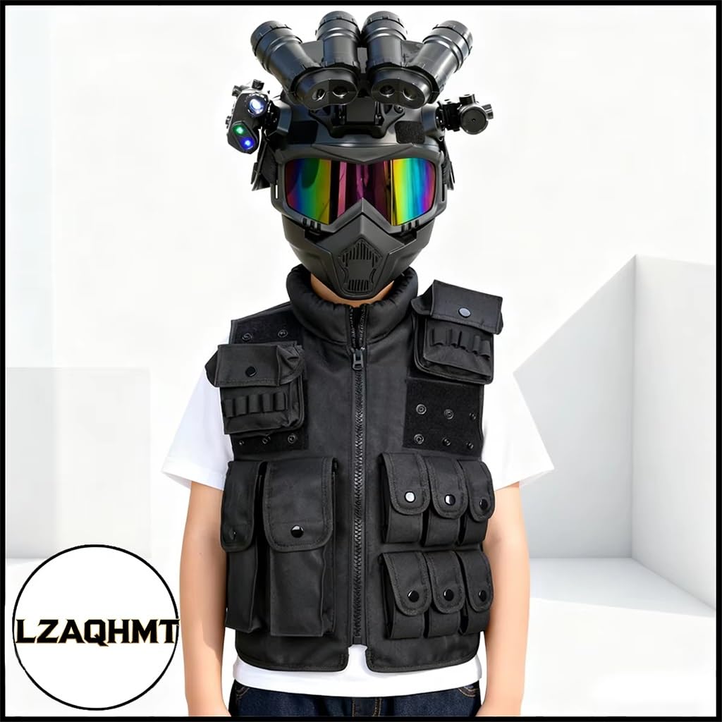 Set Casco Maschera Tattici Per Bambini Con Modello Fittizio Con Visore Notturno A 4 Occhi, Torcia E Occhiali Protettivi - Equipaggiamento Combattimento Multifunzionale Per Cosplay