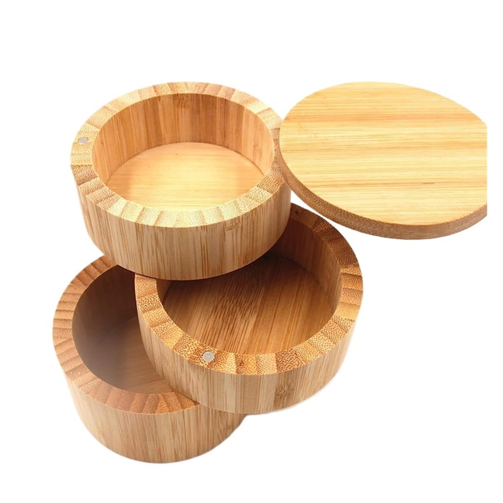 LuoAXINN Wooden Salt Cellar Salt Box Round Jar and Spices Storage Container Spice Seasoning 3-Tier Wood