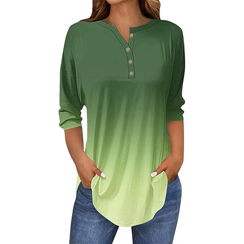 Women 3/4 Sleeve Tops 2025 Casual Henley Summer Shirts Three Quarter Length Sleeve Flowy Fit Printed Blouses