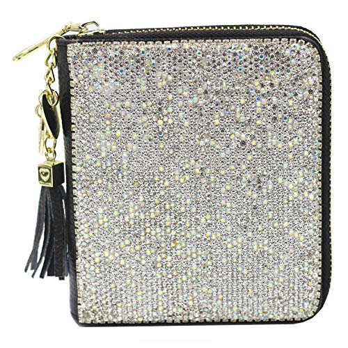 Bling Crystal Credit Card Wallet Leather RFID Wallet for Women Wallet Zip Leather Card Case Holder Organizer (Silver)