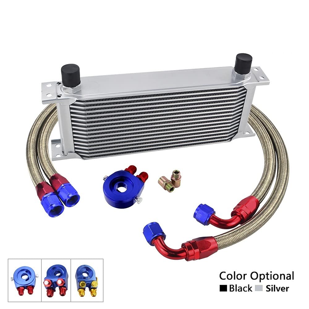 Enfriador De Aceite,Enfriador De Aceite Del Motor Kit de refrigerador de aceite de transmisión universal 16 filas + adaptador de sándwich de filtro de aceite + manguera de combustible trenzado de acer