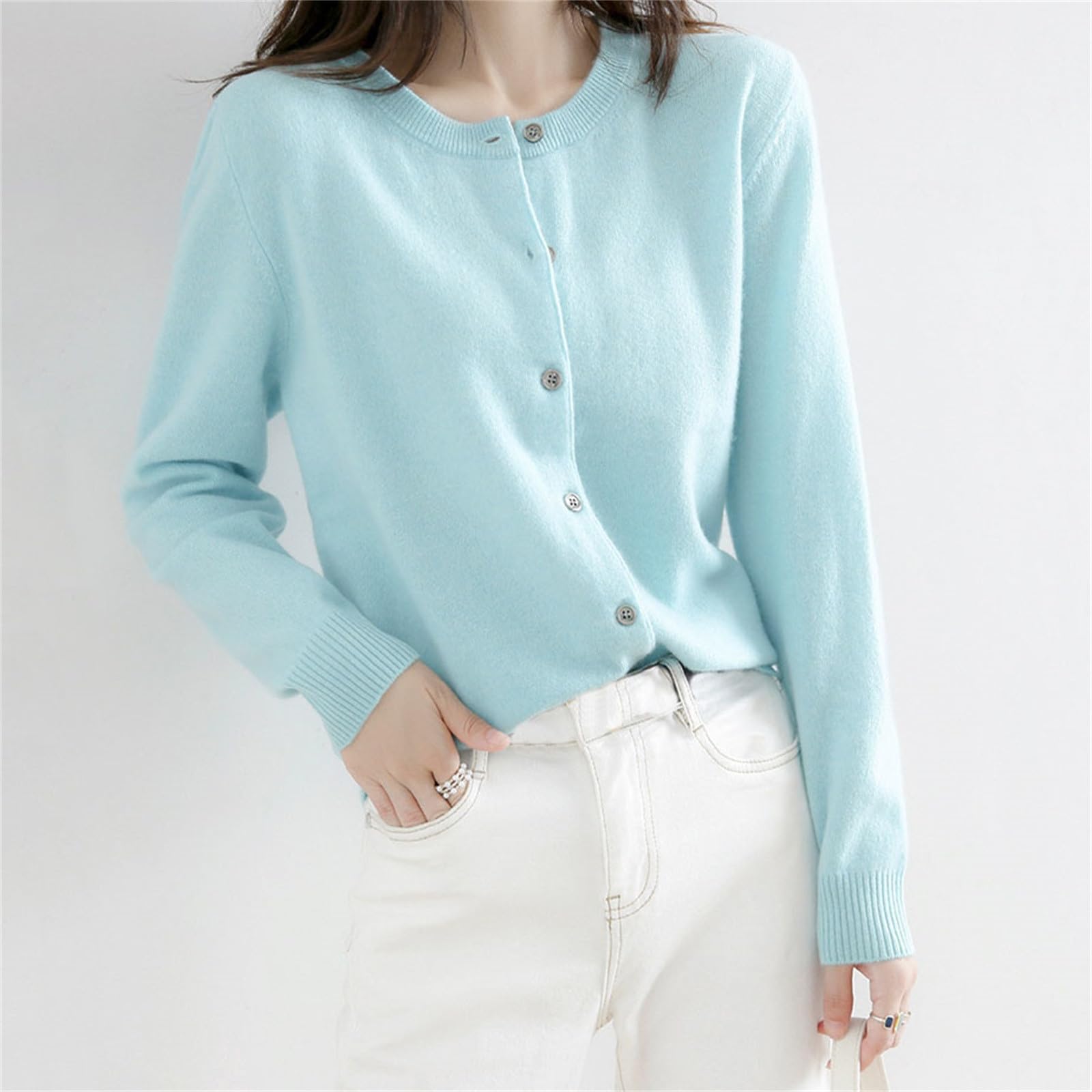 Generisch Cárdigan de cachemira para mujer, cárdigan ligero con botones, cárdigans para mujer, suéter de punto de manga larga, suéter de punto de otoño en color liso, chaqueta corta de manga larga