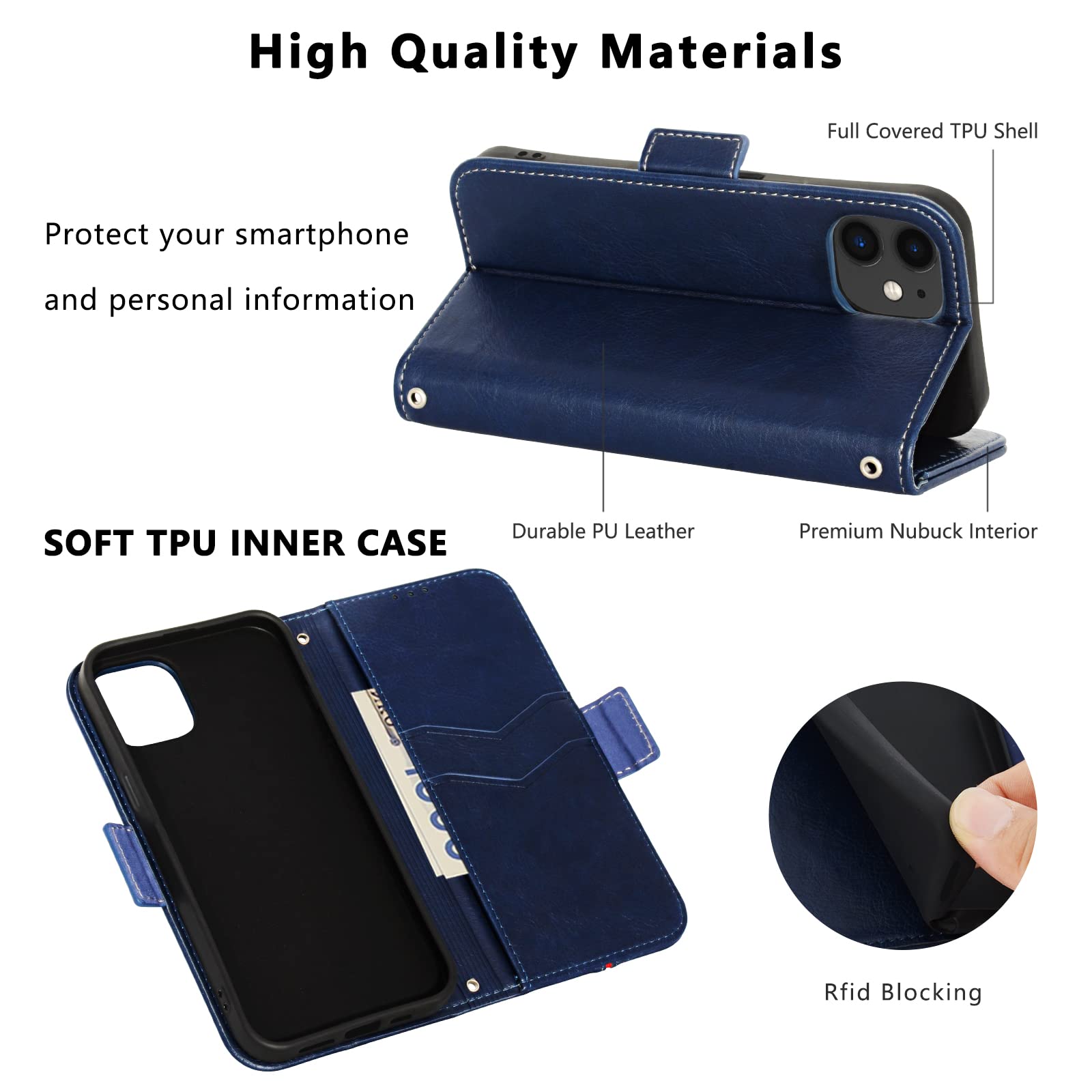 FMPC Custodia Portafoglio Con Supporto Per IPhone 11: Pelle Magnetica Con Slot Carte, Blu - 6
