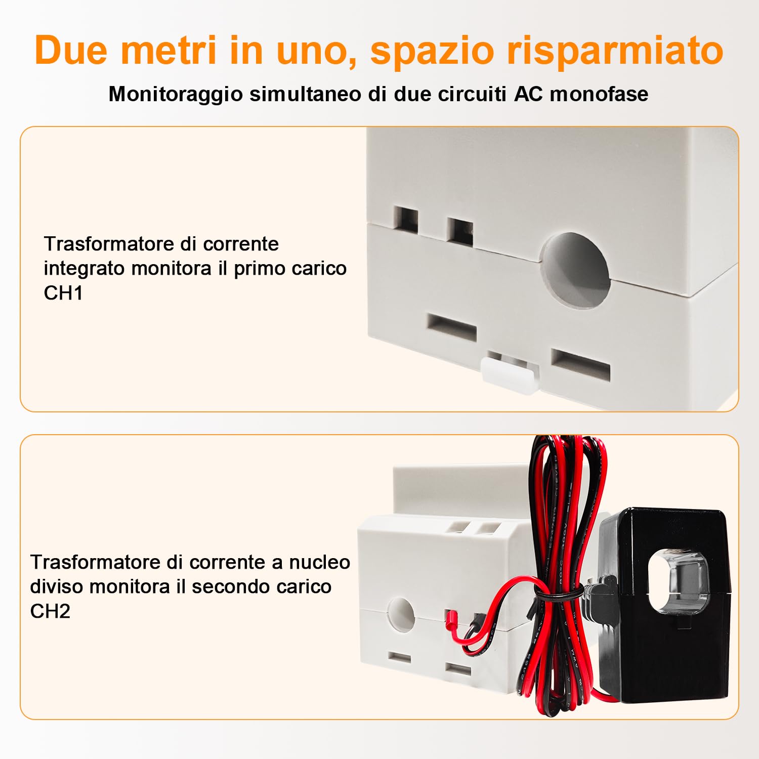 KETOTEK Contatore Energia Elettrica Monofase, 2 Canali - Misuratore Consumo Elettrico su Guida DIN AC40-300V con 2 CT da 100A, Contatore kWh con Trasformatore di Corrente a Nucleo Diviso