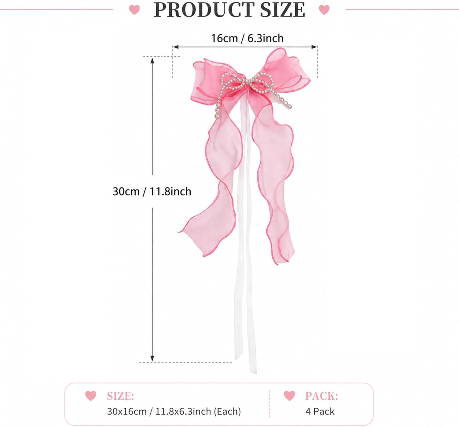 4 Pack Pink Bow Curtain Tiebacks with Pearls Coquette Bowknot Curtain Holdbacks Pinks Room Decor for Home Bedroom Offices Dining Rooms Wedding Party (Pink)
