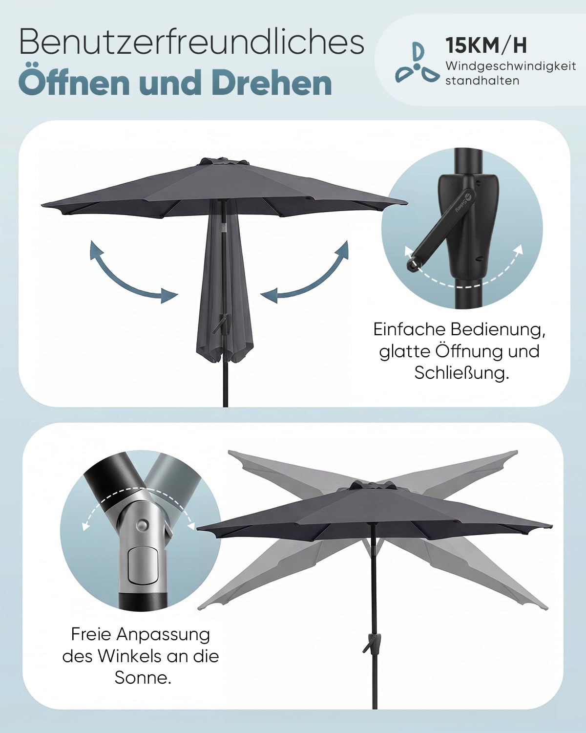 Sekey Alu-Sonnenschirm 300 cm mit Kurbel, Stoffgewicht 180 g/m², UV-Schutz 50+, unterer Mast 38 mm für Stabilität, leicht & langlebig, kippbar für Balkon, Garten & Terrasse