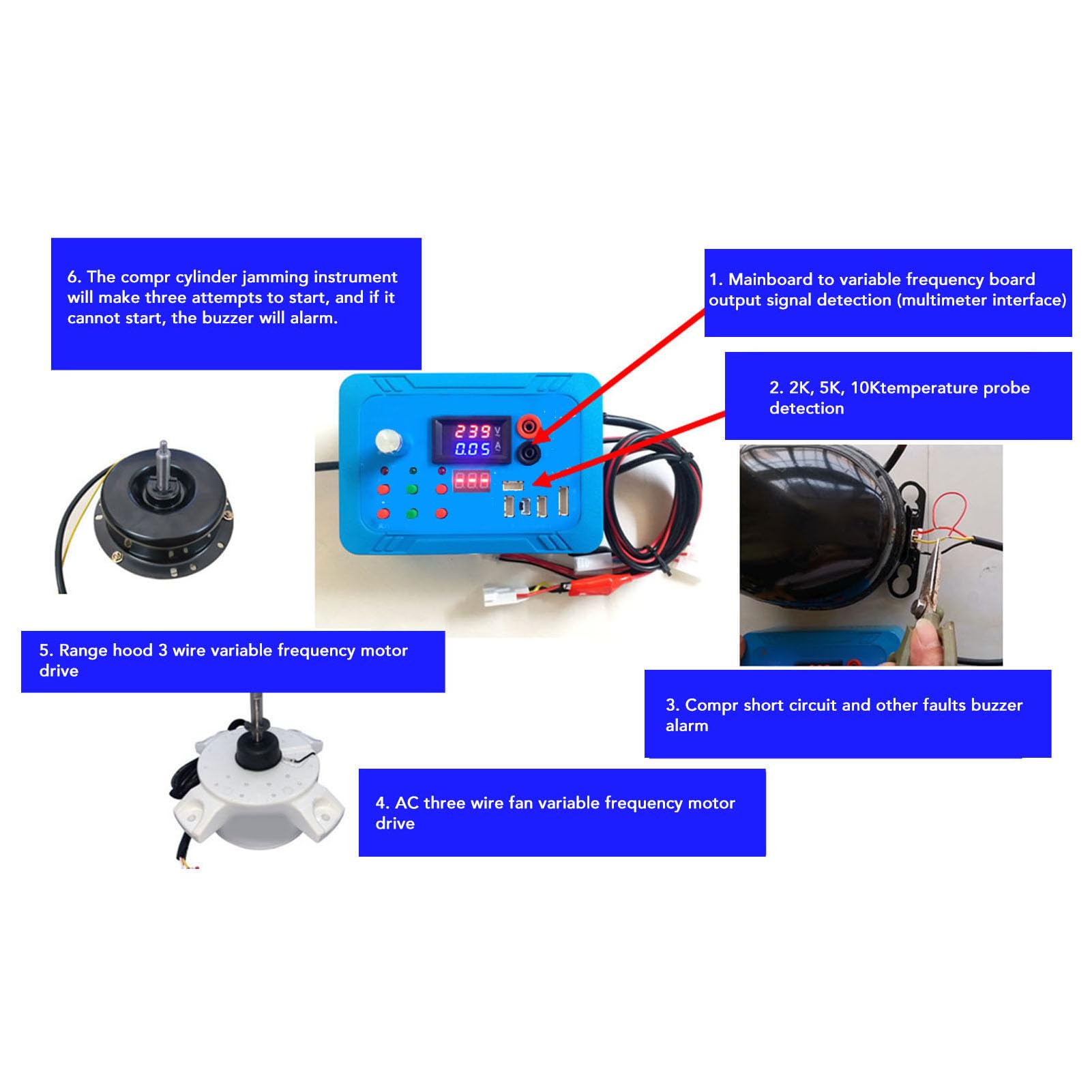 Luocute Probador de Refrigerador Inversor, Instrumento de Prueba de Placa de Frecuencia Variable con Advertencia de Zumbador para Detección y Reparación de Válvula Motorizada de 5 Pines y (Enchufe