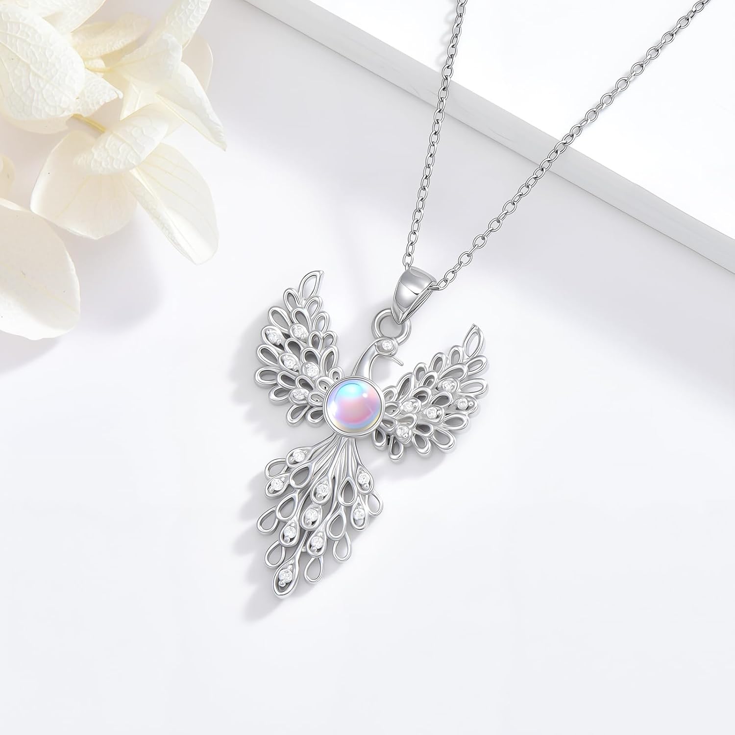 Animals Moonstone Pendant Necklaces, 925 Sterling Silver Owl/Dragon/Hummingbird/Phoenix/Butterfly Necklace for Women, Moonstone Jewelry Gift for Mother Wife Lover, Birthday Christmas Anniversary - Image 3