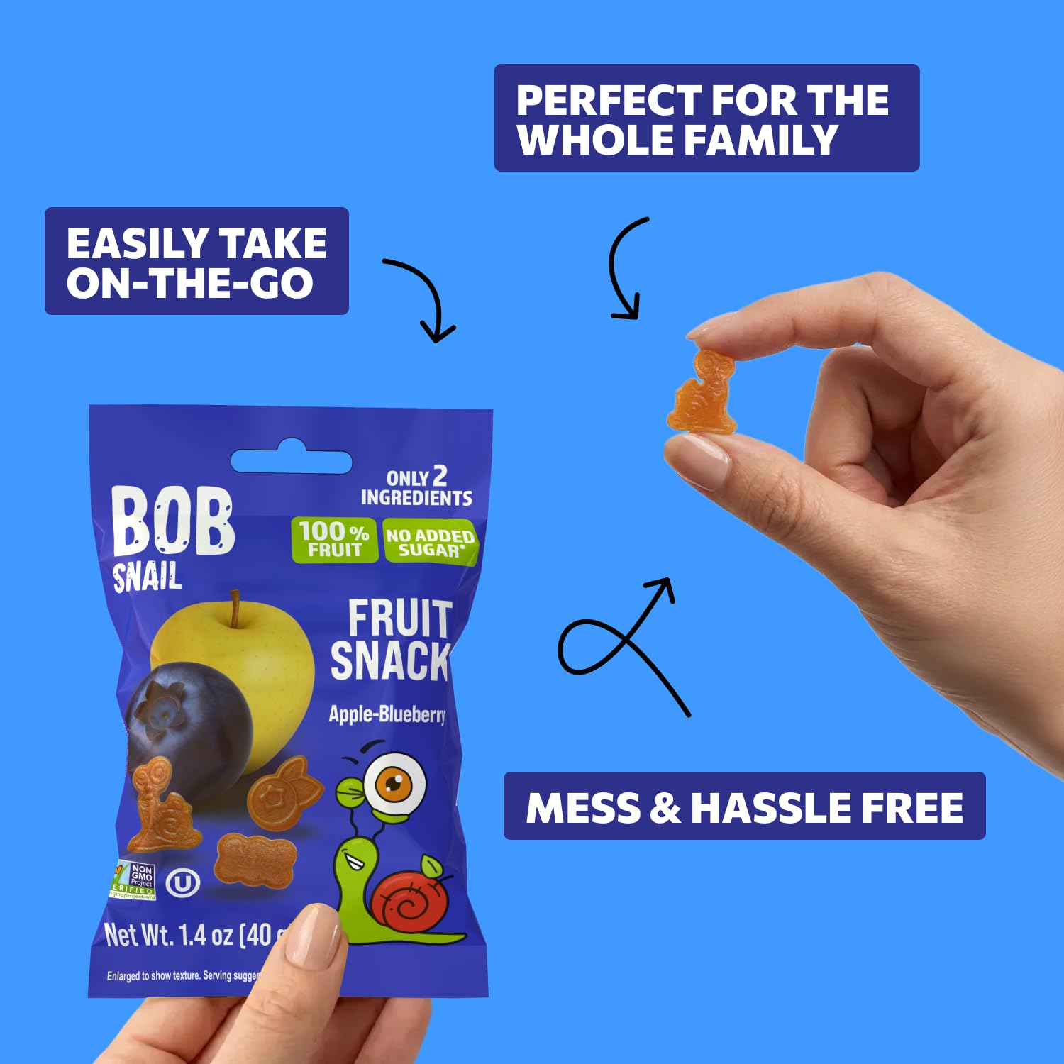 Bob Snail Fruit Gummy Bites – Blueberry Flavor, 12-Pack (480g), Real Fruit Snacks with No Added Sugar, Vegan & Gluten-Free Mini Bites for Kids & Adults