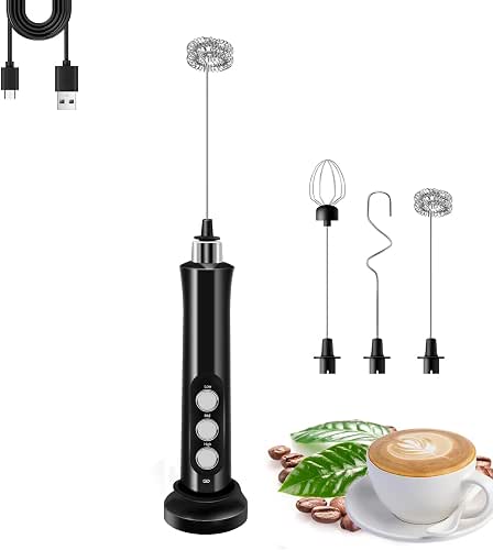 Rechargeable Milk Frother Handheld with 3 Detachable Stainless Steel Whisks,