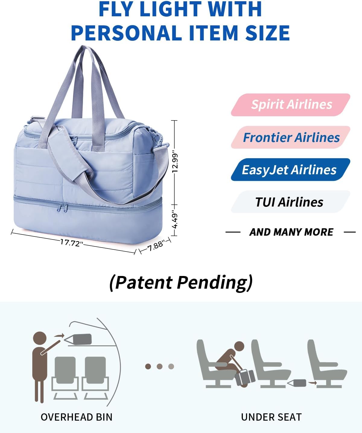 WANDF For Spirit Airlines Personal Item Bag 18x14x8, Lightweight Puffer Travel Duffle Bag for Women with Shoe Compartment & TSA Toiletry Bag Gym Hospital Carry-On Weekender Overnight (Blue)
