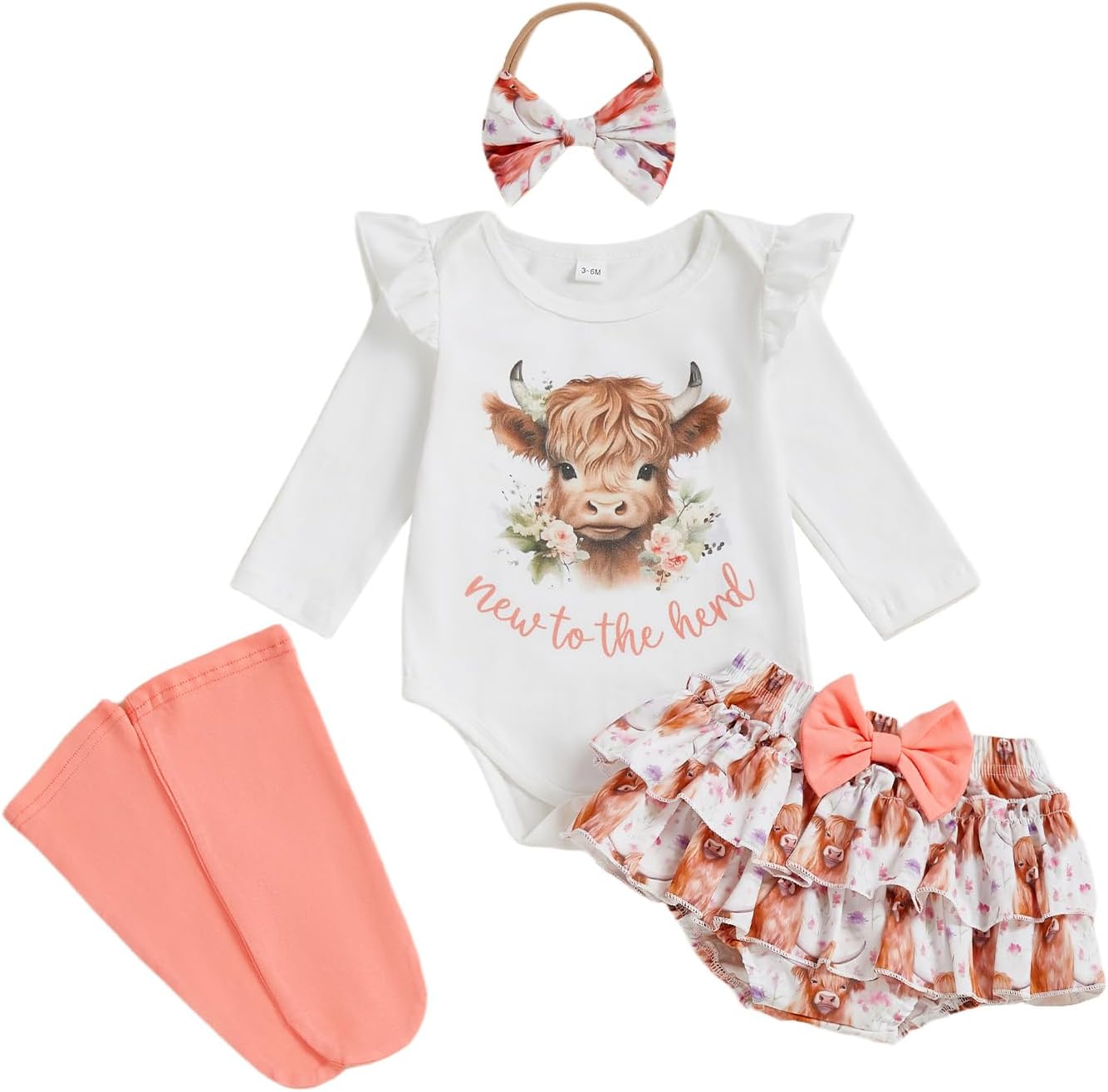 Newborn Western Baby Girl Clothes Cowgirl Outfit Highland Cow Long Sleeve Romper Ruffle Shorts Set Fall Winter Clothes