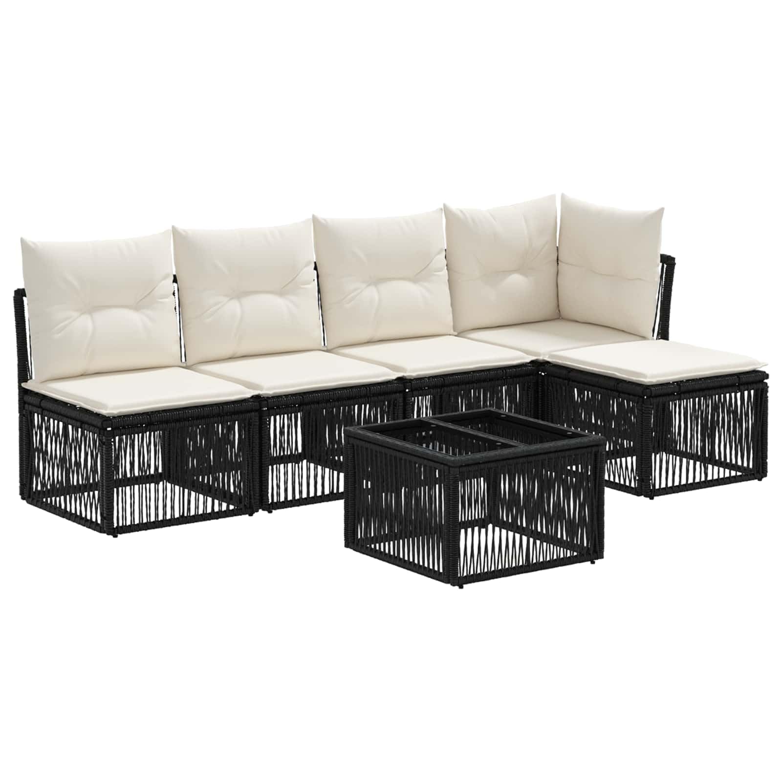 Set di 6 divani da giardino in polyrattan, colore nero | Gruppo lounge modulare con telaio in acciaio per terrazza e giardino con comodi cuscini.