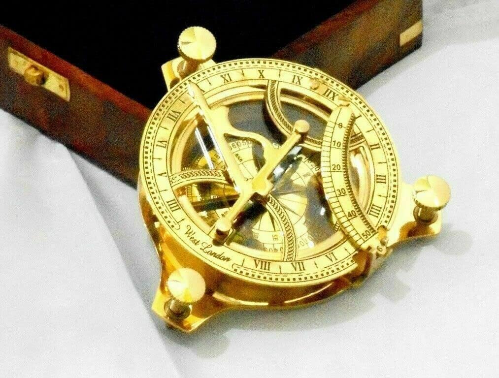 Brass Sundial Compass WEST London Nautical Compass with Wooden Box Handmade Vintage Gift