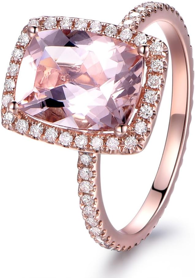 7×9mm Cushion Cut Natural Pink Morganite Engagement Ring HALO Diamond Ring 14K Rose Gold Size 4-9