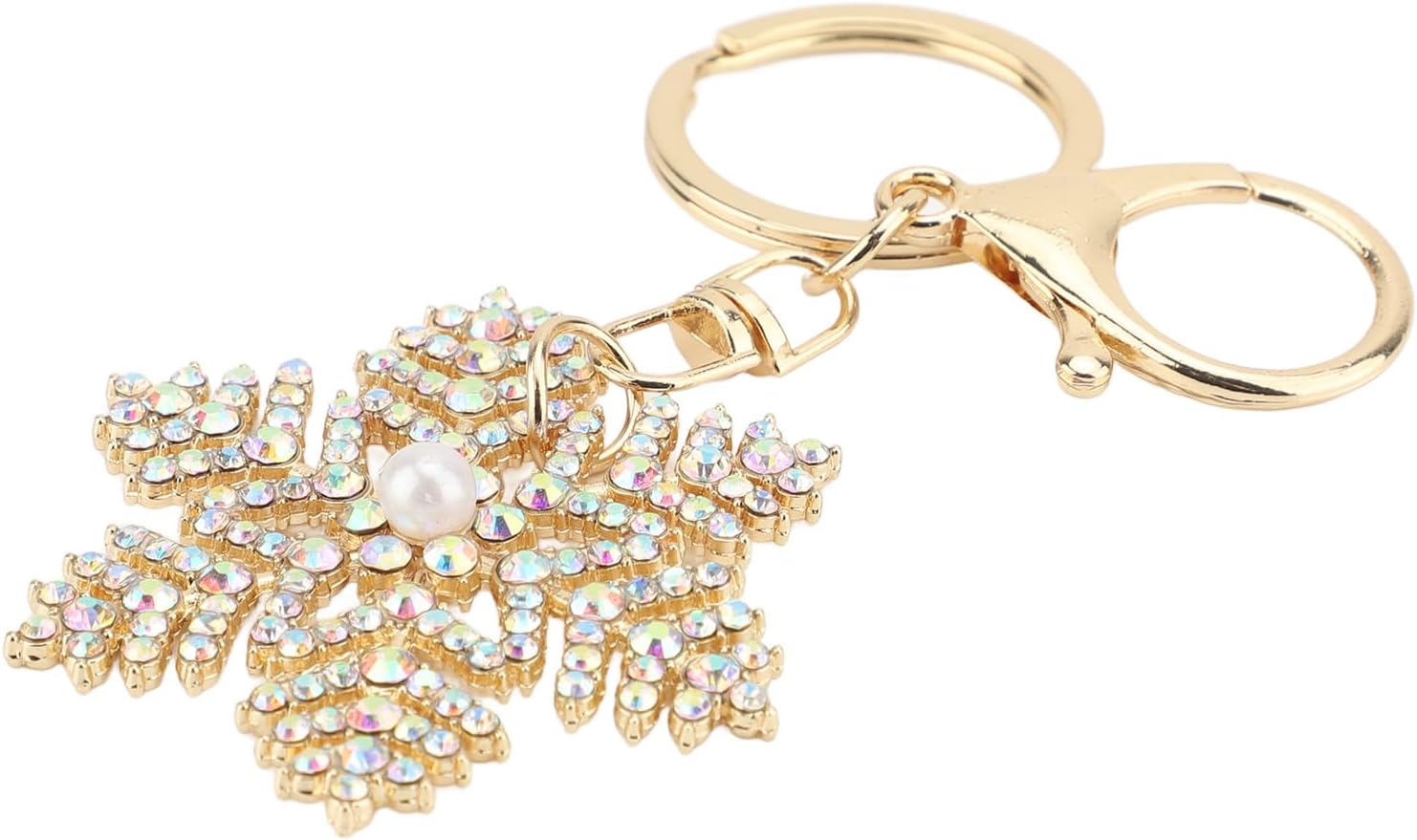 Bling Rhinestone Snowflake Charm Keychain, Sparkling Pearl Bag Charm Key Chain, Cute Snowflake Keyring Accessories for Women's Handbags, Car Keys and Purse Decor (White Colorful)