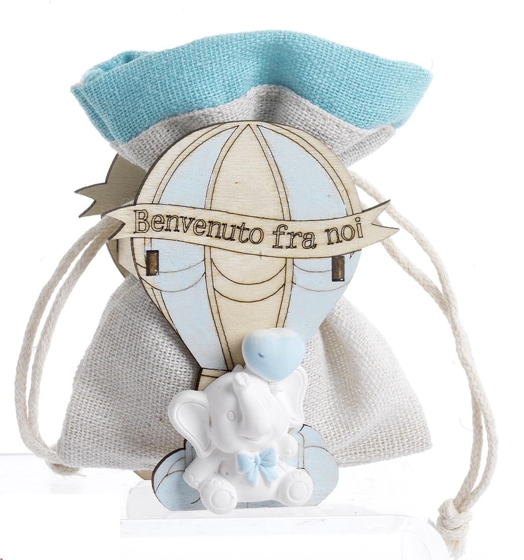 PABEN 48 Stück Beutel für Konfekt Bonbonniere für Geburt und Taufe Junge mit Heißluftballon und hellblauem Elefant, 10 cm aus Holz, Porzellan und Stoff Mandeln Gastgeschenke, PB19439